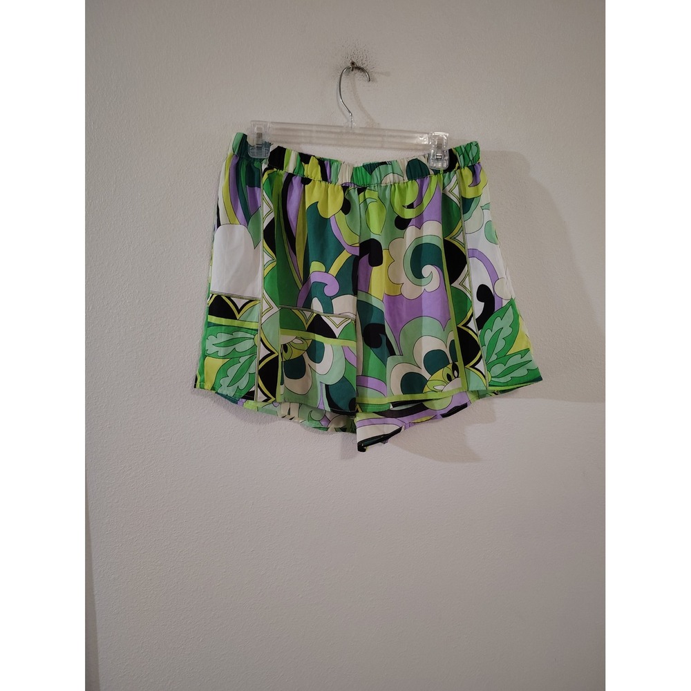 Boohoo Retro Psychedelic Swirl Print Shorts Green Purple US 10 Elastic Waist